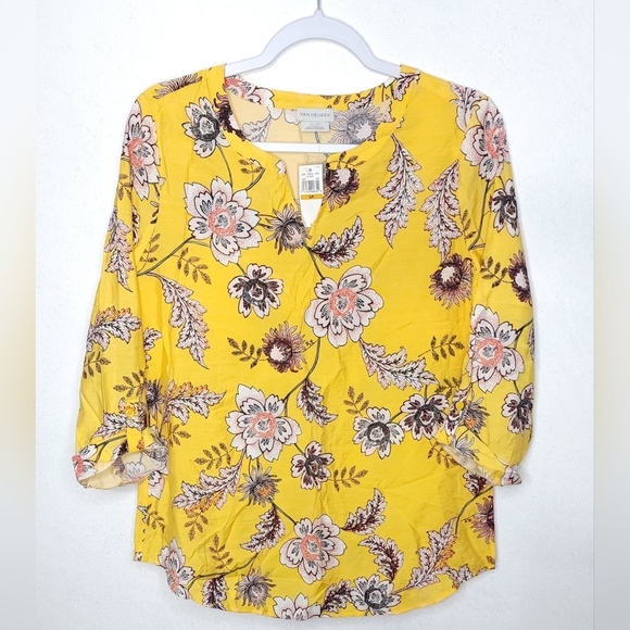 NWT Van Heusen Yellow Floral Viscose Silky Lightweight Women's Size Small Blouse - Picture 1 of 5